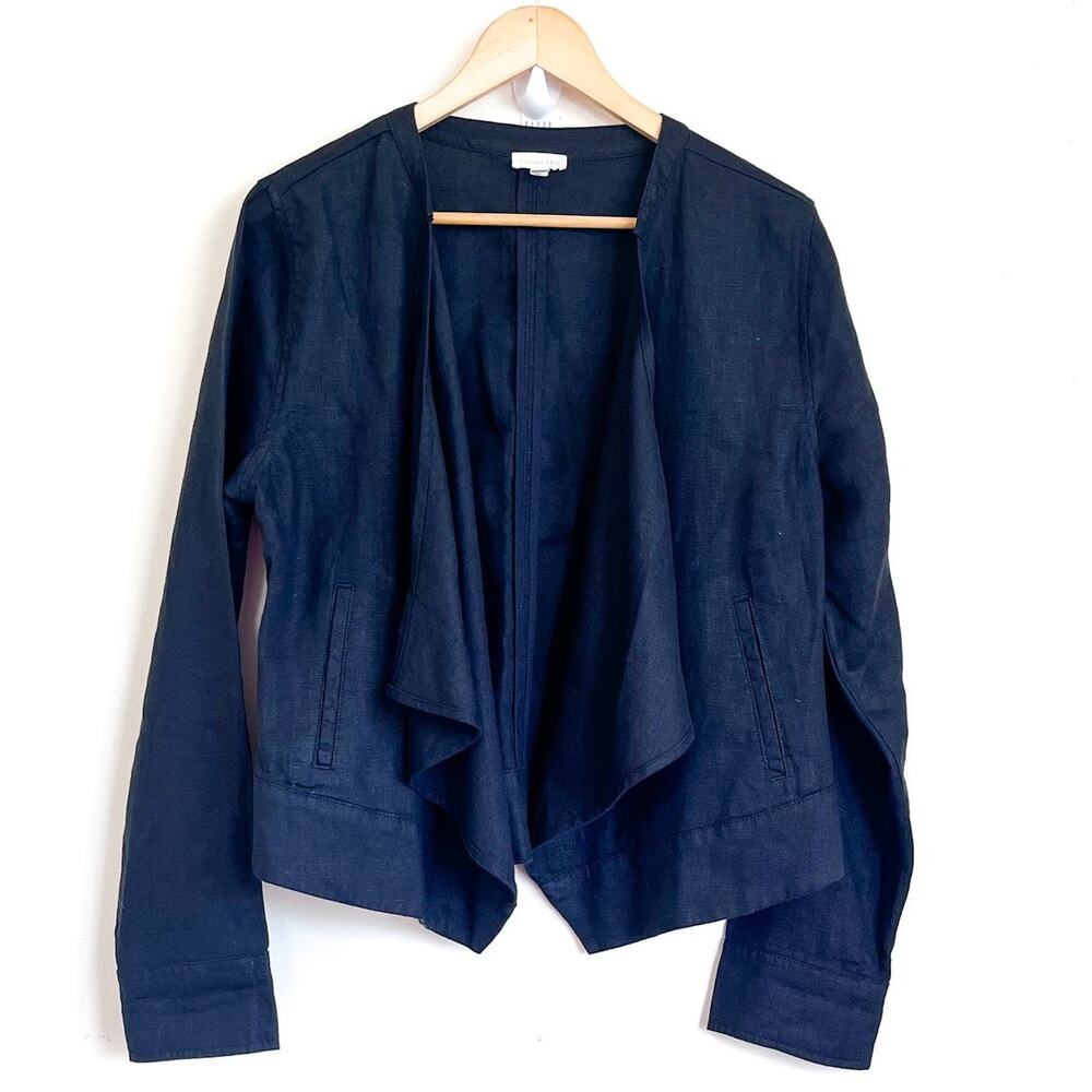Garnet‎ Hill Linen Asymmetric Womens Jacket Blazer Size 10 Black Minimalist Boho